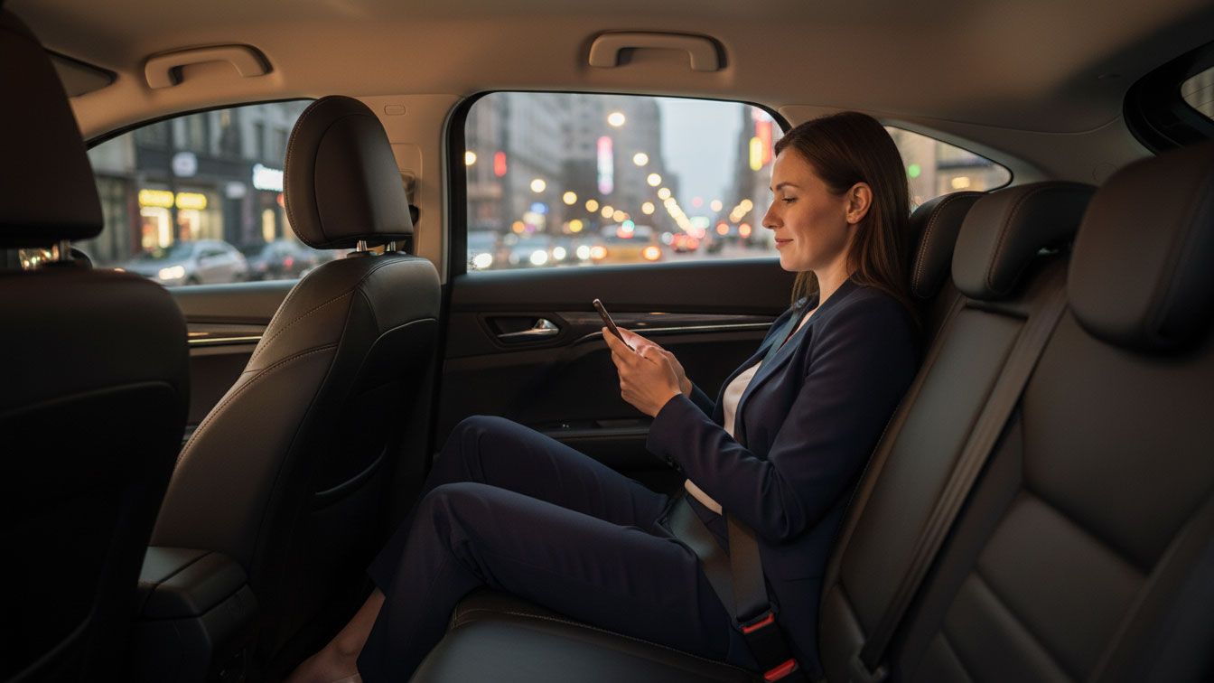 Smiling lady sitting in the back seat